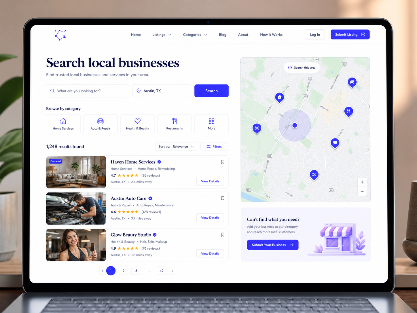 Directory search interface with local listings and map results